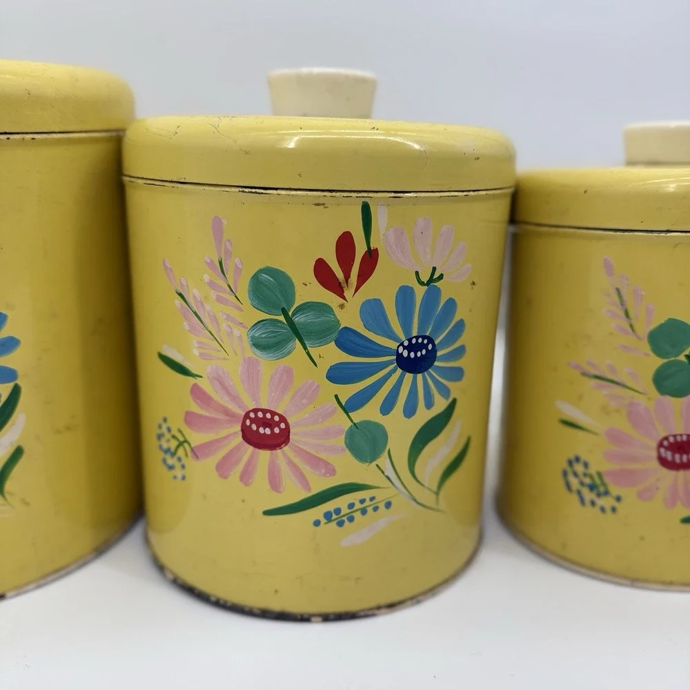 Ransburg Vtg Kitchen Metal Canisters Set of 4 Hand Painted  Yellow Flowers